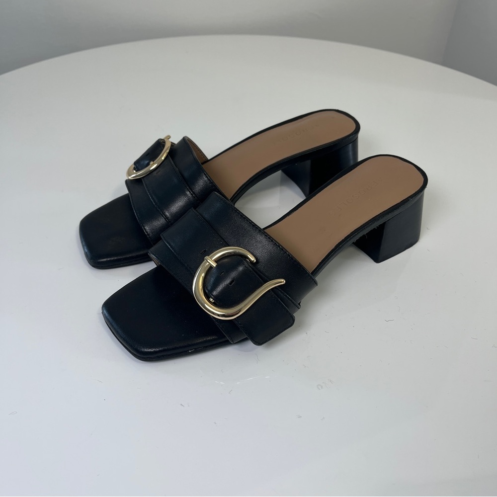 Aerosoles eve Black Leather Block Heel Slide with Gold Buckle